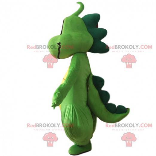 Mascota dragón verde y amarillo, disfraz de dinosaurio gigante