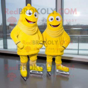 Lemon Yellow Pair Of Ice Skates mascot costume character dressed with a Turtleneck and Scarf clips