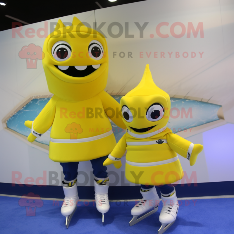 Lemon Yellow Pair Of Ice Skates mascot costume character dressed with a Turtleneck and Scarf clips Lemon Yellow Pair Of Ice Skates mascot costume character dressed with a Turtleneck and Scarf clips