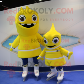 Lemon Yellow Pair Of Ice Skates mascot costume character dressed with a Turtleneck and Scarf clips