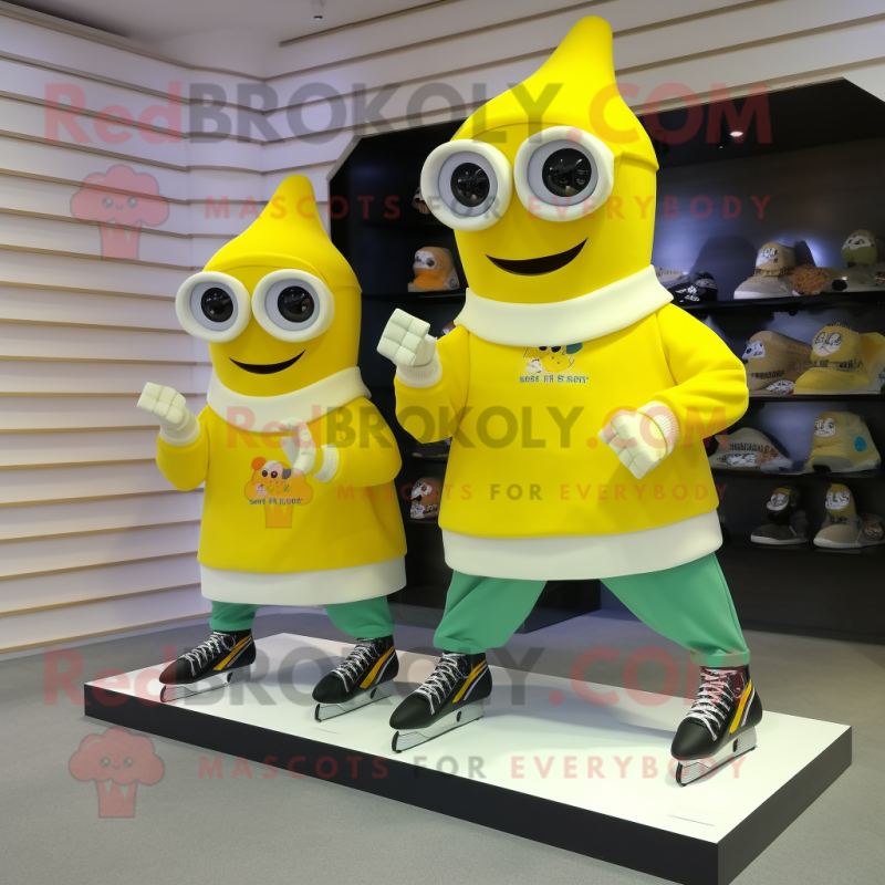Lemon Yellow Pair Of Ice Skates mascot costume character dressed with a Turtleneck and Scarf clips Lemon Yellow Pair Of Ice Skates mascot costume character dressed with a Turtleneck and Scarf clips