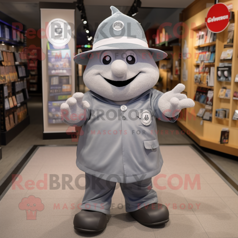 Gray But mascot costume character dressed with a V-Neck Tee and Hat pins Gray But mascot costume character dressed with a V-Neck Tee and Hat pins