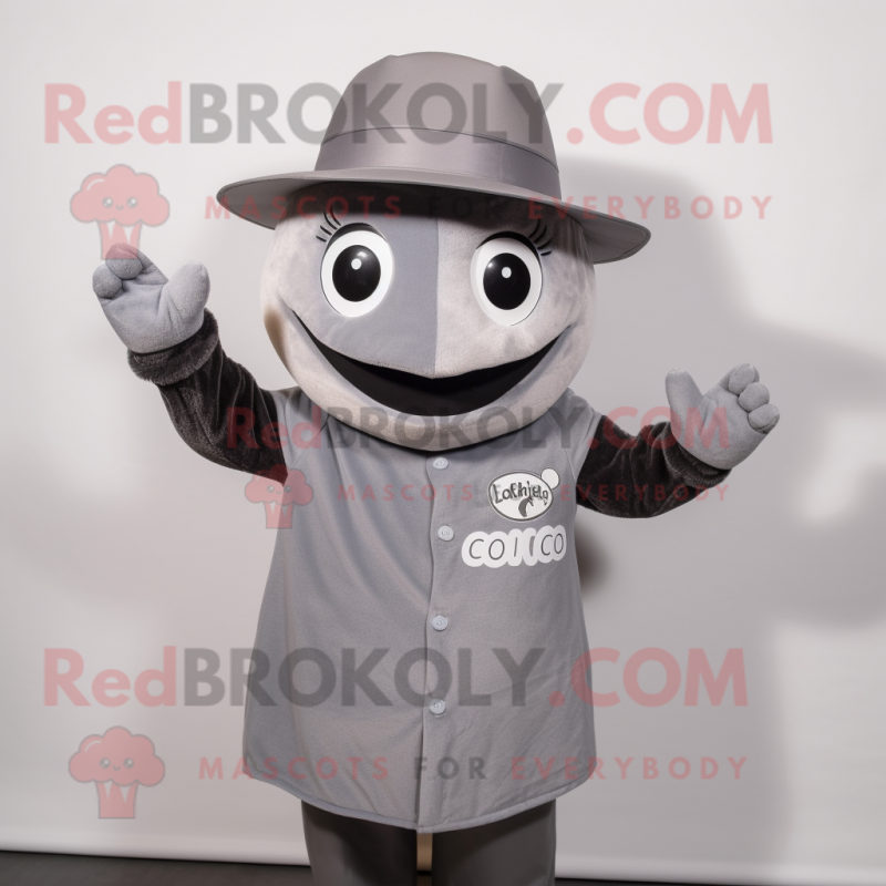 Gray But mascot costume character dressed with a V-Neck Tee and Hat pins Gray But mascot costume character dressed with a V-Neck Tee and Hat pins