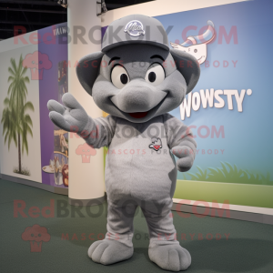 Gray But mascot costume character dressed with a V-Neck Tee and Hat pins