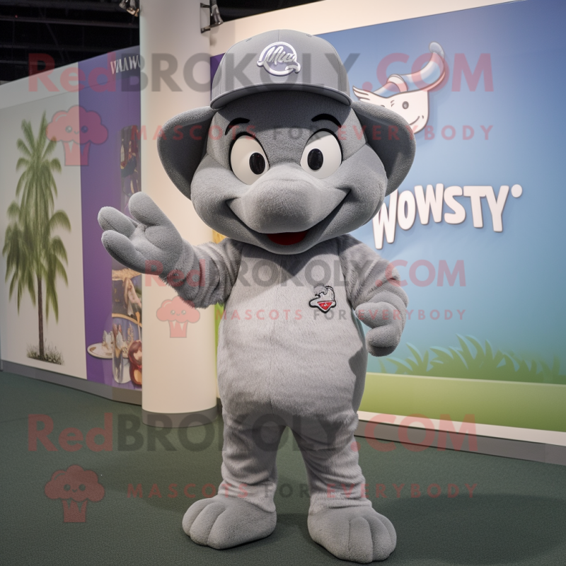 Gray But mascot costume character dressed with a V-Neck Tee and Hat pins Gray But mascot costume character dressed with a V-Neck Tee and Hat pins