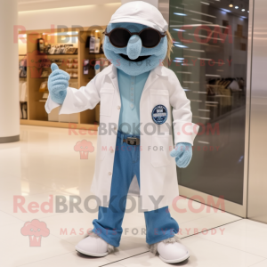 White Doctor mascot costume character dressed with a Boyfriend Jeans and Sunglasses
