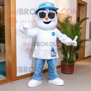 White Doctor mascot costume character dressed with a Boyfriend Jeans and Sunglasses