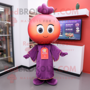 nan Plum mascot costume character dressed with a T-Shirt and Clutch bags