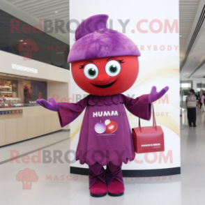 nan Plum mascot costume character dressed with a T-Shirt and Clutch bags