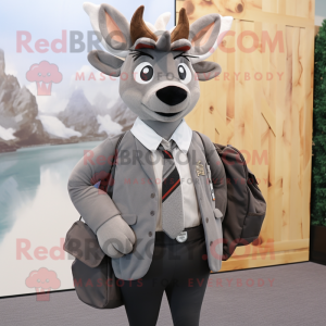 Gray Deer mascot costume character dressed with a Suit Jacket and Backpacks
