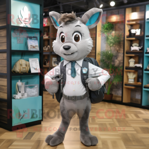 Gray Deer mascot costume character dressed with a Suit Jacket and Backpacks