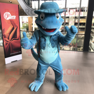 Turquoise Hydra mascot costume character dressed with a Denim Shirt and Hat pins