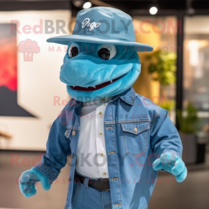 Turquoise Hydra mascot costume character dressed with a Denim Shirt and Hat pins