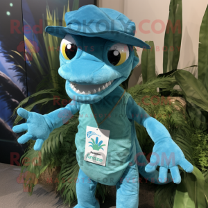 Turquoise Hydra mascot costume character dressed with a Denim Shirt and Hat pins