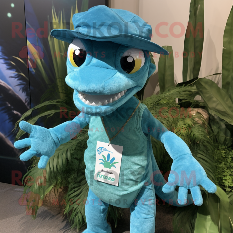 Turquoise Hydra mascot costume character dressed with a Denim Shirt and Hat pins Turquoise Hydra mascot costume character dressed with a Denim Shirt and Hat pins