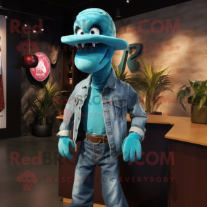 Turquoise Hydra mascot costume character dressed with a Denim Shirt and Hat pins