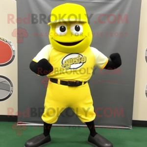 Lemon Yellow Grenade mascot costume character dressed with a Baseball Tee and Belts