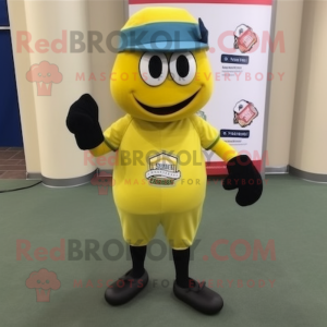 Lemon Yellow Grenade mascot costume character dressed with a Baseball Tee and Belts