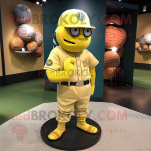 Lemon Yellow Grenade mascot costume character dressed with a Baseball Tee and Belts