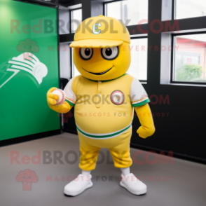 Lemon Yellow Grenade mascot costume character dressed with a Baseball Tee and Belts