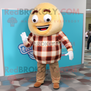 Cream Donut mascot costume character dressed with a Flannel Shirt and Shoe laces