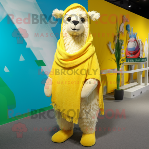 Yellow Alpaca mascot costume character dressed with a Board Shorts and Scarves