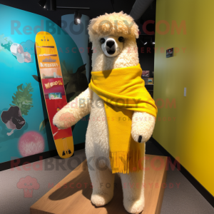 Yellow Alpaca mascot costume character dressed with a Board Shorts and Scarves