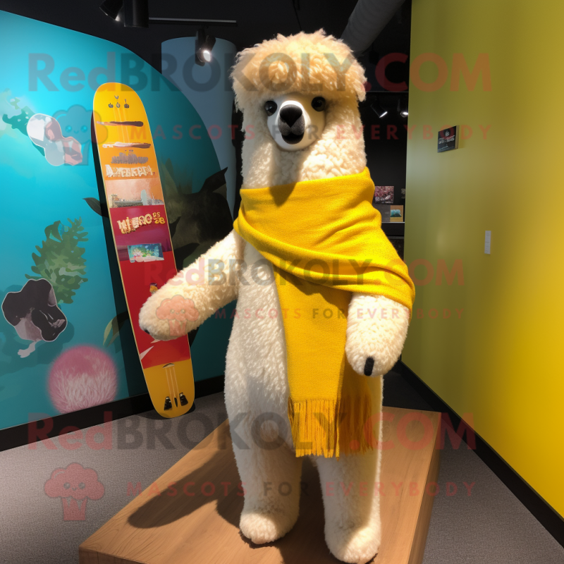 Yellow Alpaca mascot costume character dressed with a Board Shorts and Scarves Yellow Alpaca mascot costume character dressed with a Board Shorts and Scarves