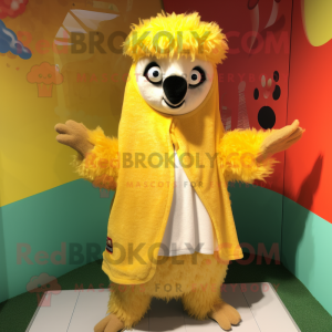 Yellow Alpaca mascot costume character dressed with a Board Shorts and Scarves