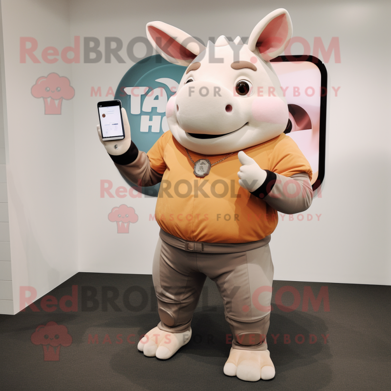 Peach Rhinoceros mascot costume character dressed with a Jeggings and Digital watches Peach Rhinoceros mascot costume character dressed with a Jeggings and Digital watches