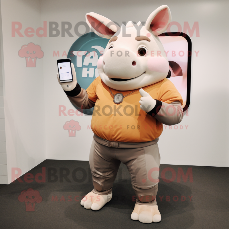 Peach Rhinoceros mascot costume character dressed with a Jeggings and Digital watches