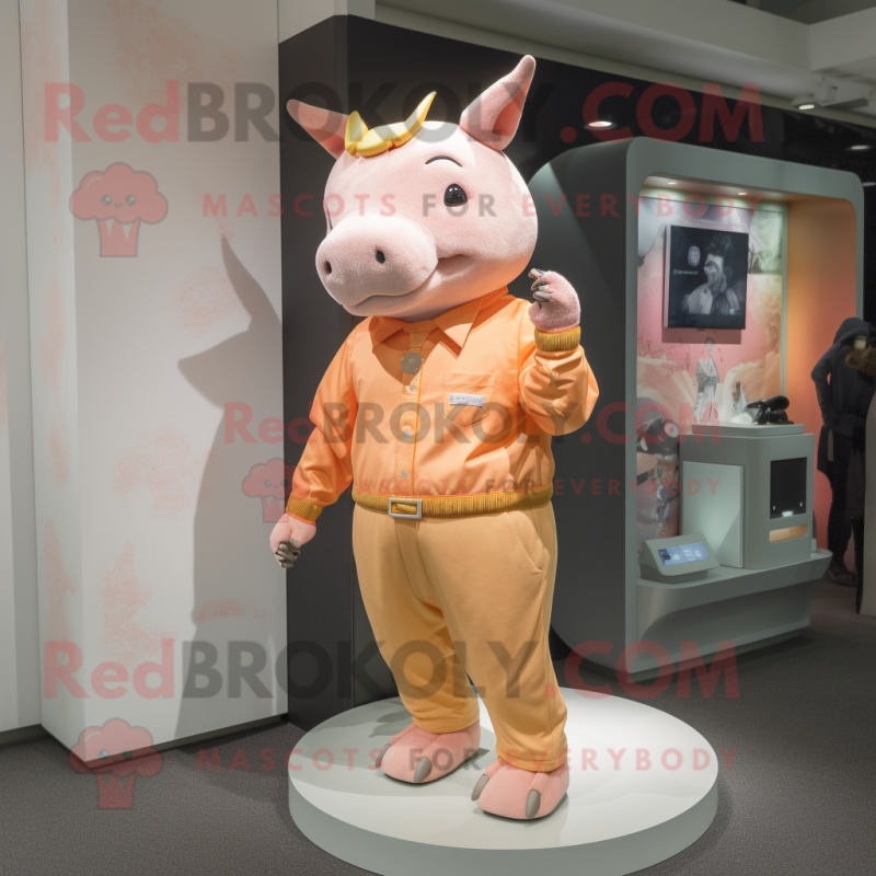 Peach Rhinoceros mascot costume character dressed with a Jeggings and Digital watches
