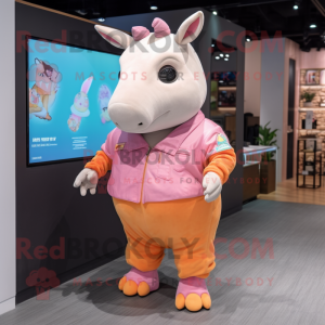 Peach Rhinoceros mascot costume character dressed with a Jeggings and Digital watches