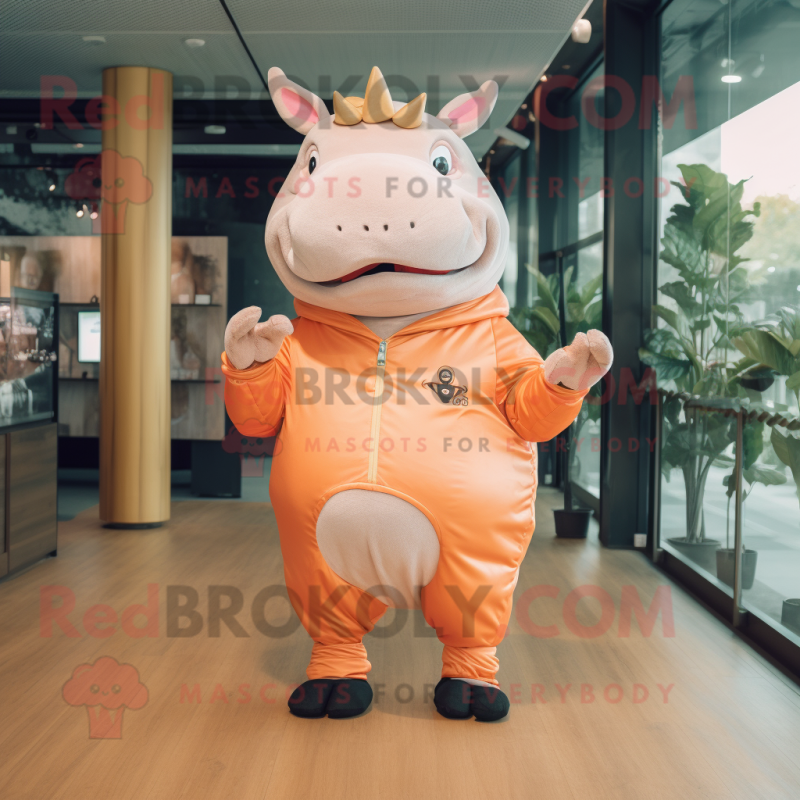 Peach Rhinoceros mascot costume character dressed with a Jeggings and Digital watches