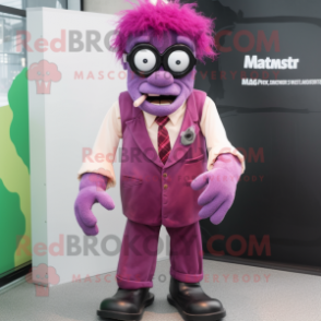 Magenta Frankenstein mascot costume character dressed with a Waistcoat and Eyeglasses