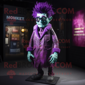 Magenta Frankenstein mascot costume character dressed with a Waistcoat and Eyeglasses