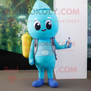 Cyan Champagne mascot costume character dressed with a Sheath Dress and Backpacks