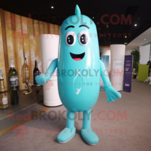 Cyan Champagne mascot costume character dressed with a Sheath Dress and Backpacks