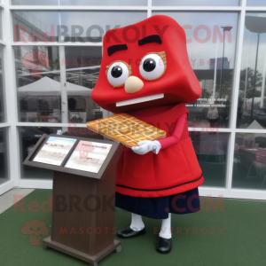 Red Grilled Cheese Sandwich mascot costume character dressed with a Pencil Skirt and Reading glasses