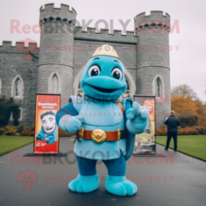 Sky Blue Irish Castle mascot costume character dressed with a Turtleneck and Bracelets