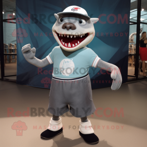 nan Megalodon mascot costume character dressed with a Board Shorts and Shoe clips