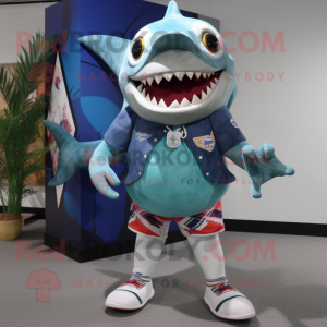 nan Megalodon mascot costume character dressed with a Board Shorts and Shoe clips