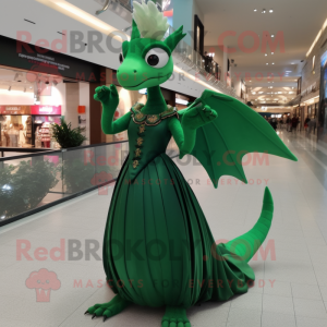 Forest Green Pterodactyl mascot costume character dressed with a Ball Gown and Bracelets