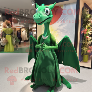 Forest Green Pterodactyl mascot costume character dressed with a Ball Gown and Bracelets