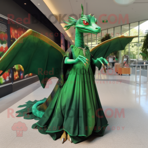 Forest Green Pterodactyl mascot costume character dressed with a Ball Gown and Bracelets