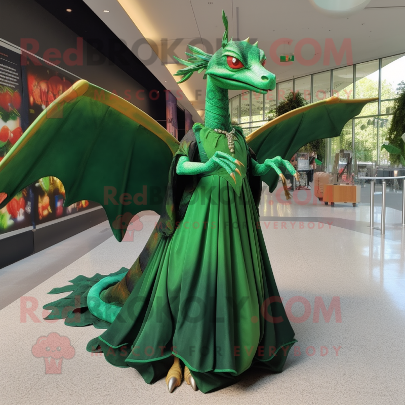 Forest Green Pterodactyl mascot costume character dressed with a Ball Gown and Bracelets