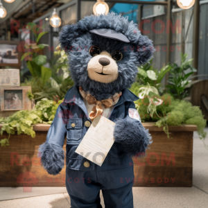 Navy Love Letter mascot costume character dressed with a Denim Shirt and Necklaces