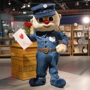 Navy Love Letter mascot costume character dressed with a Denim Shirt and Necklaces