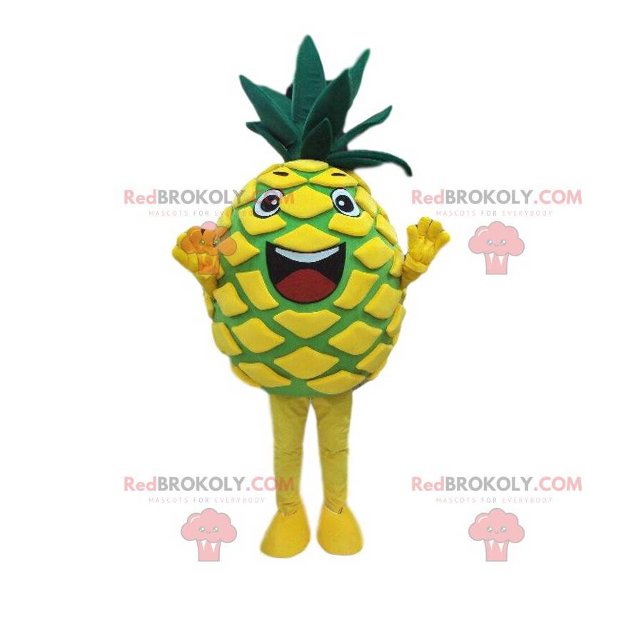 Mascota de piña amarilla y verde, disfraz de piña, fruta