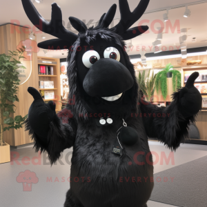 Black Reindeer mascot costume character dressed with a Jumpsuit and Shawl pins